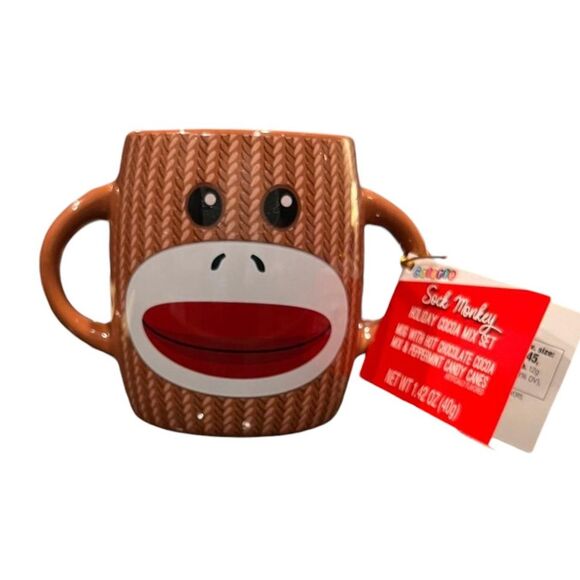 Galerie Sock Monkey Coffee Cup/Mug Brown White Double Handle Ceramic - Picture 1 of 4